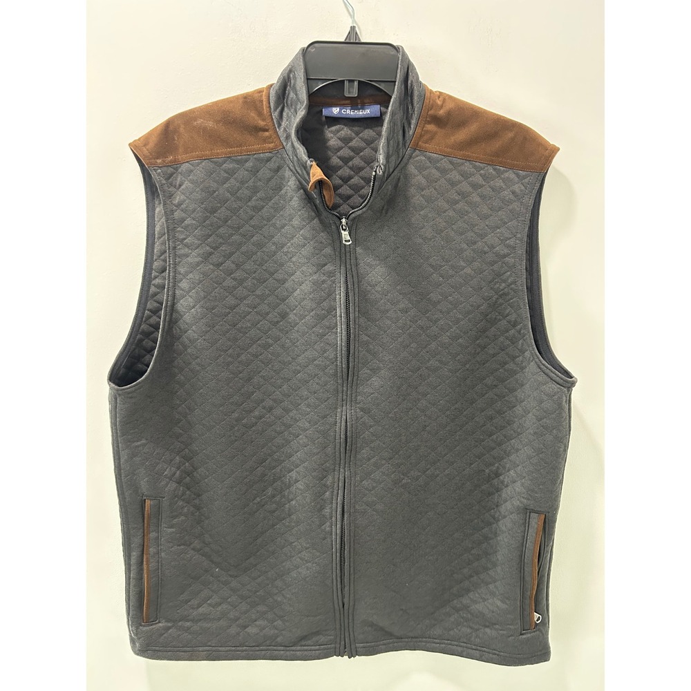 Cremieux Mens Quilted Vest Gray Brown Faux Suede Trim Full Zip Mock Neck XL